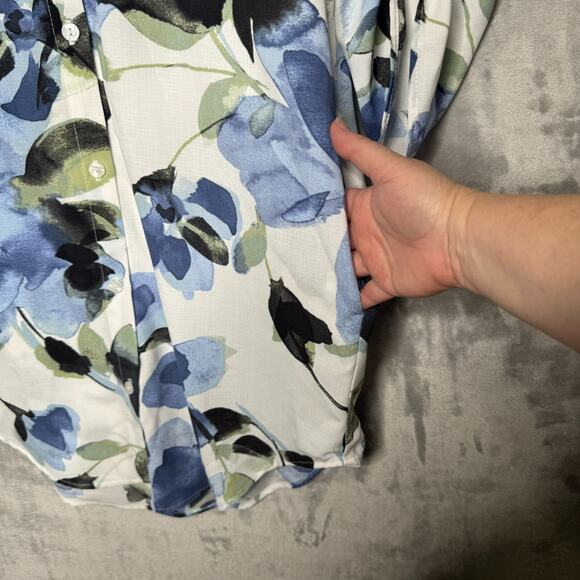 Frank LymanTunic Top Womens 10 White Blue Floral Sequin Pockets Roll Tab Sleeve - Picture 6 of 12